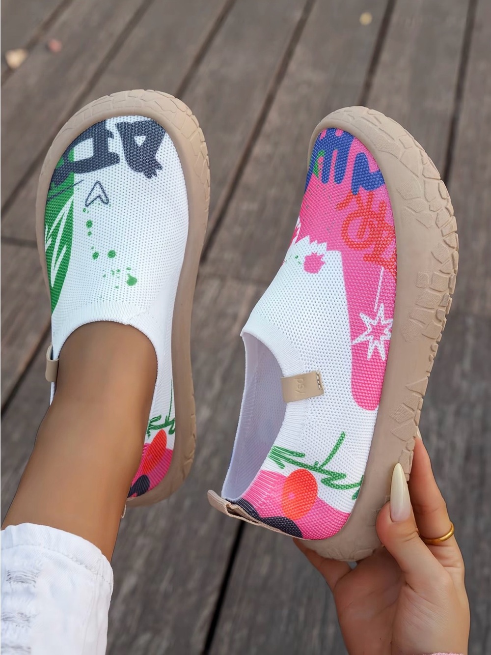 Women's Slip-On  Knit Mesh Sneakers in White and Pink